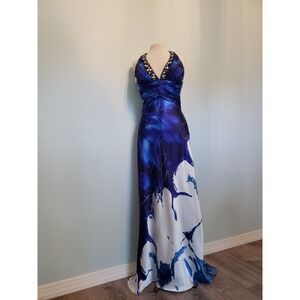 VTG Cachet 90s Sz 10 Beaded Gown Dress $250 Blue Watercolor Prom Halter NWT FLAW
